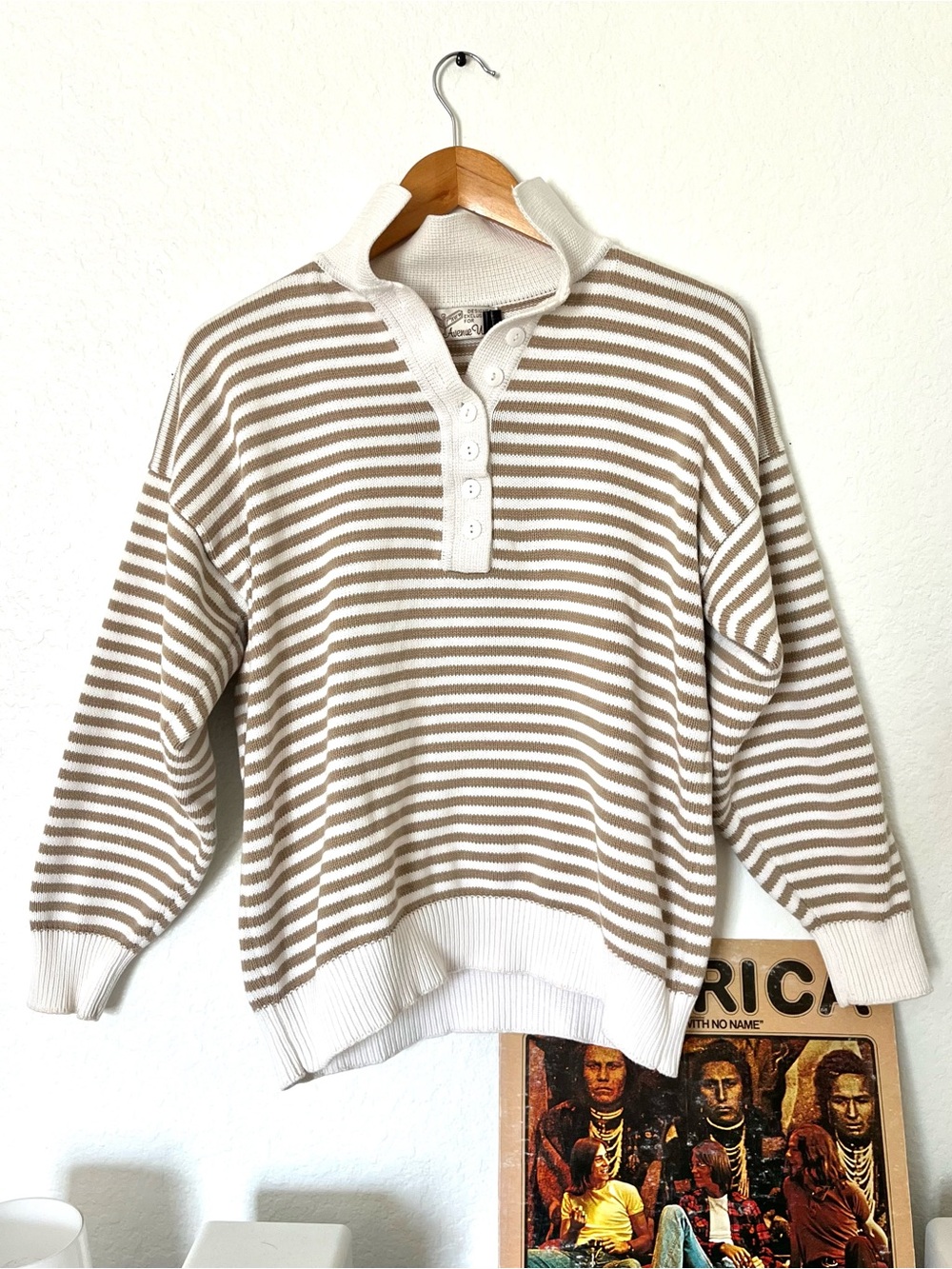 Vintage Cream & Tan Striped Crewneck Sweater